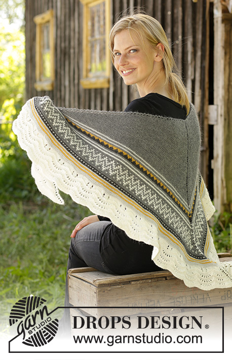 Nordic Romance / DROPS 195-5 - Knitted shawl in DROPS Nord. The piece is worked top down with garter stitch, mosaic pattern and wave pattern.