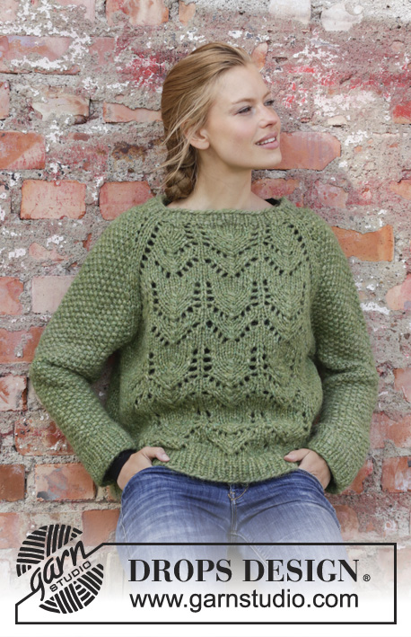 Miss Moss / DROPS 196-1 - Knitted jumper with raglan in 2 strands DROPS Air. The piece is worked top down with lace pattern and moss stitch. Sizes S - XXXL.