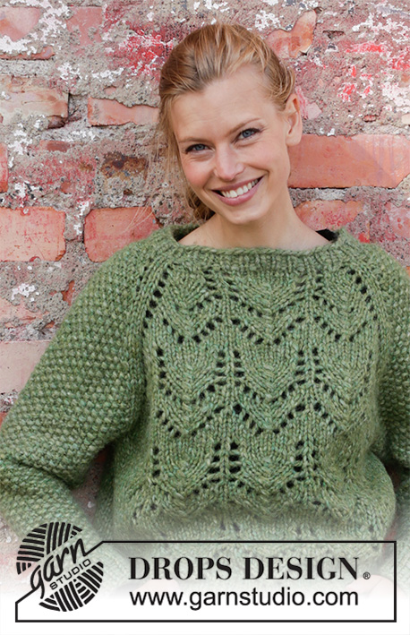 Miss Moss / DROPS 196-1 - Knitted jumper with raglan in 2 strands DROPS Air. The piece is worked top down with lace pattern and moss stitch. Sizes S - XXXL.
