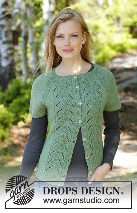 Green Luck Cardi / DROPS 196-12 - Knitted fitted jacket in DROPS Flora. The piece is worked with lace pattern, raglan and short sleeves. Sizes S - XXXL.