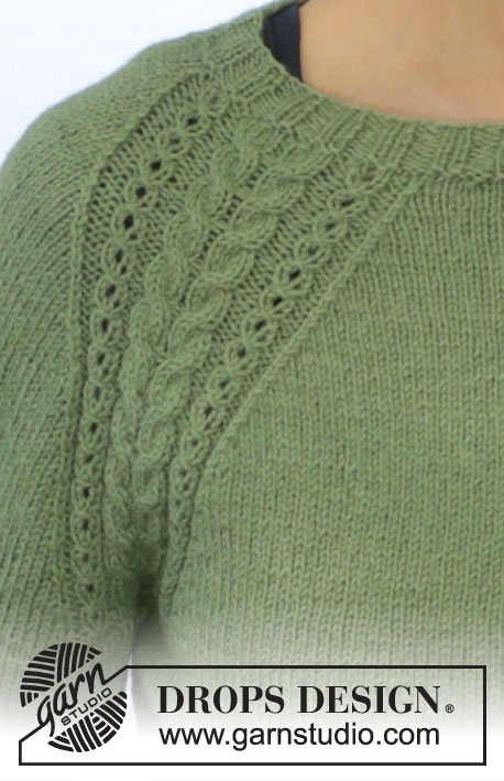 Green Wood / DROPS 196-29 - Neulottu vartalonmyötäinen pusero DROPS BabyAlpaca Silk -langasta. Työssä on sileää neuletta, raglanlinjat ja palmikot. Koot S-XXXL.