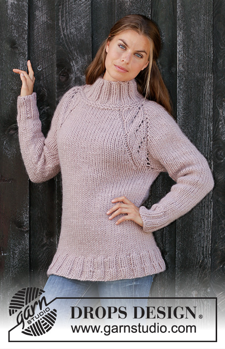 Warm Fall / DROPS 196-35 - Knitted sweater with raglan in DROPS Snow. The piece is worked top down with lace pattern and high neck. Sizes S - XXXL.
