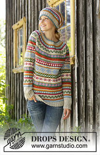 Winter Carnival / DROPS 196-6 - Knitted jumper in DROPS Karisma. The piece is worked top down with round yoke, Nordic pattern and A-shape. Sizes S - XXXL.
Knitted hat in DROPS Karisma. The piece is worked with Nordic pattern and stripes.