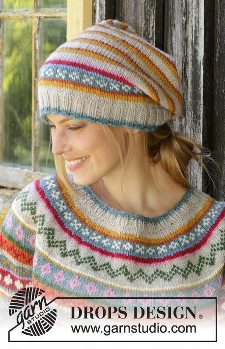 Winter Carnival Hat / DROPS 196-7 - Gorro tricotado em DROPS Karisma. Tricota-se com jacquard norueguês e riscas.