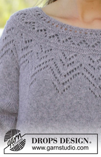 Agnes Sweater / DROPS 197-16 - Jersey de punto con canesú redondo en DROPS Sky. La pieza está tejida de arriba para abajo con patrón de calados. Tallas S – XXXL.