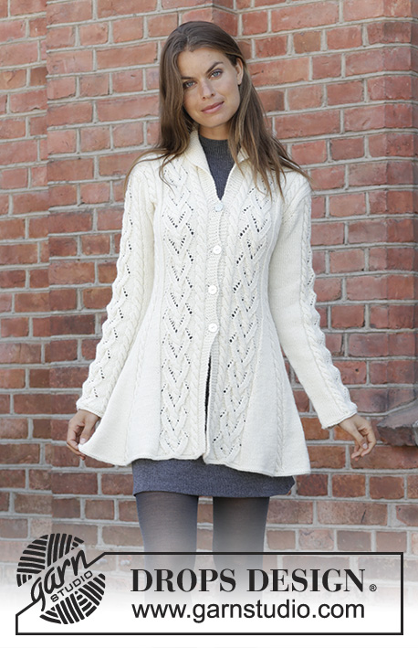 Ice Dancer / DROPS 197-25 - Knitted fitted jacket in DROPS Lima. Piece is knitted back and forth from mid front with lace pattern, cables and shawl collar. Size: S - XXXL