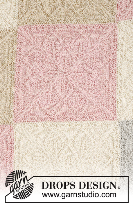 Ice Cream Squares / DROPS 198-1 - Knitted blanket in DROPS Puna with leaf pattern.
