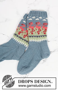 Flamingo Parade Socks / DROPS 198-11 - Knitted socks in DROPS Flora. Piece is knitted top down in Norwegian pattern with flamingos. Size 35 to 41