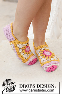 Himalayan Rose / DROPS 198-19 - Crocheted slippers with flower in square and stripes in DROPS Nepal. Size 35 to 43