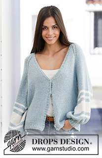 Hamptons Holiday Jacket / DROPS 199-10 - Knitted jacket with balloon sleeves in DROPS Sky. Piece is knitted top down with raglan, V-neck and stripes. Size: S - XXXL