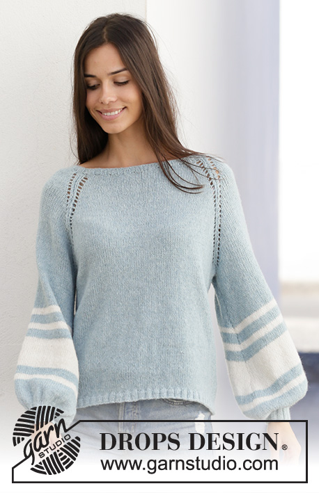 Hamptons Holiday / DROPS 199-11 - Knitted jumper with balloon sleeves in DROPS Sky. The piece is worked top down with raglan and striped sleeves. Sizes S - XXXL.