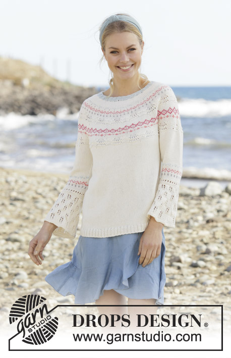 Relaxing in Reykjavik / DROPS 199-12 - Knitted sweater in DROPS Safran. The piece is worked top down with round yoke, Nordic pattern, lace pattern and ¾-length sleeves. Sizes S - XXXL.