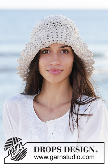 Capelina / DROPS 199-13 - Crochet hat in DROPS Cotton Light. Piece is crocheted top down with double crochets and fan pattern.