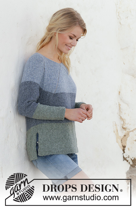 Sweet Nothing Jumper / DROPS 199-18 - Knitted sweater with raglan in DROPS Sky. Piece is knitted top down with stripes and vents in the sides. Size: S - XXXL