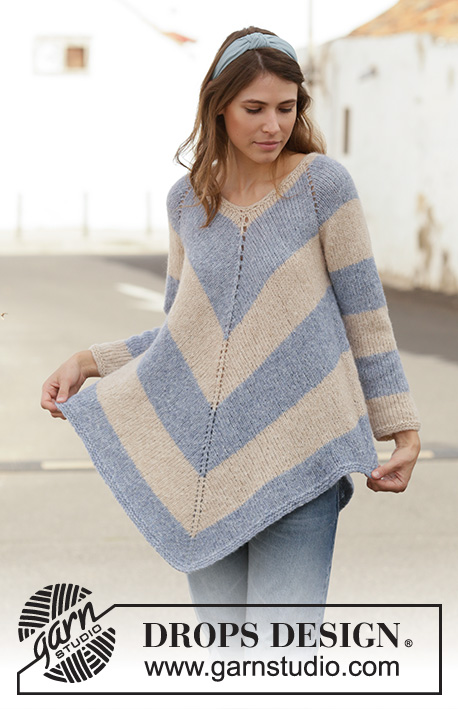 Blue Pagoda / DROPS 199-25 - Knitted poncho jumper in DROPS Air. The piece is worked top down with raglan and stripes. Sizes S - XXXL.