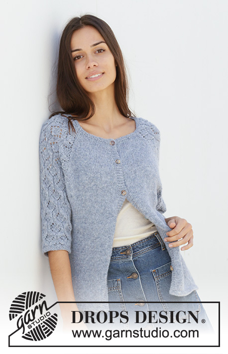 Blue Nostalgia Cardigan / DROPS 199-4 - Knitted jacket with raglan in DROPS Sky. The piece is worked top down with lace pattern on sleeves. Sizes S – XXXL.