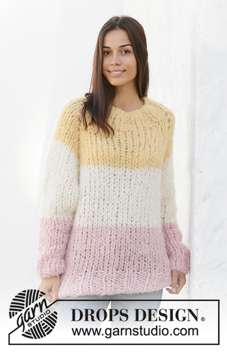 Glassur / DROPS 199-44 - Knitted jumper with stripes and raglan in 3 strands DROPS Melody. The piece is worked top down with split in sides. Sizes S - XXXL.
