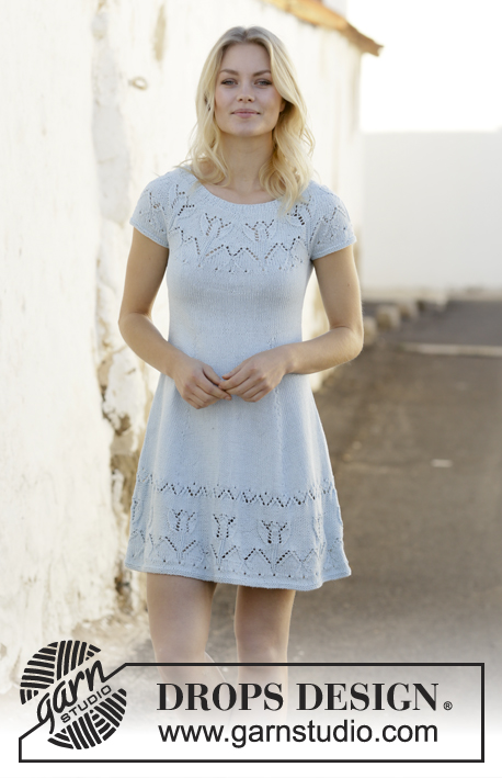 Moonshine Dance / DROPS 199-9 - Knitted dress with round yoke in DROPS Muskat. The piece is worked with lace and tulip pattern. Sizes S - XXXL.