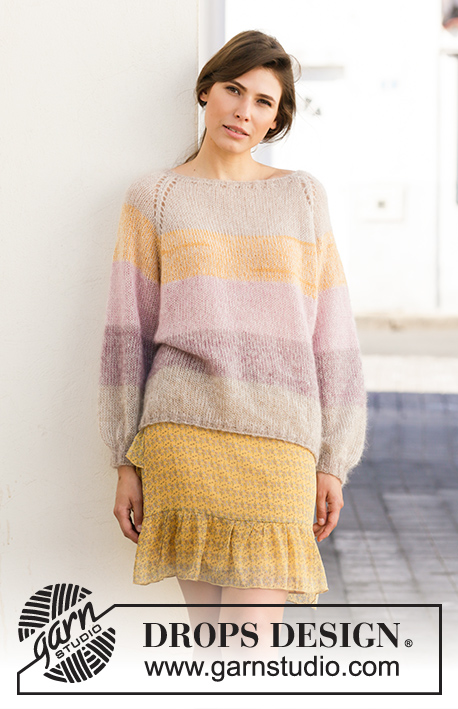 Bring Spring / DROPS 200-10 - Knitted jumper in 2 strands DROPS Kid-Silk. The piece is worked top down with raglan, balloon sleeves and stripes. Sizes S - XXXL.
