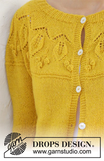 Summer Twinkle / DROPS 200-11 - Gilet tricoté de haut en bas en DROPS Flora, avec point de feuilles, nopes, empiècement arrondi et manches ¾. Du S au XXXL.