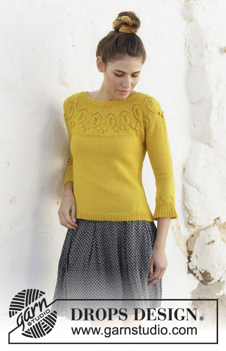 Summer Twinkle Sweater / DROPS 200-12 - Stickad tröja med bladmönster, muscher, runt ok och ¾ ärmar. Arbetet stickas i DROPS Flora, uppifrån och ner. Storlek S - XXXL.