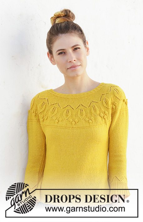 Summer Twinkle Sweater / DROPS 200-12 - Knitted jumper with leaf pattern, bobbles, round yoke and ¾-length sleeves. The piece is worked in DROPS Flora, top down. Sizes S - XXXL.