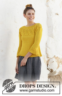 Summer Twinkle Sweater / DROPS 200-12 - Knitted jumper with leaf pattern, bobbles, round yoke and ¾-length sleeves. The piece is worked in DROPS Flora, top down. Sizes S - XXXL.