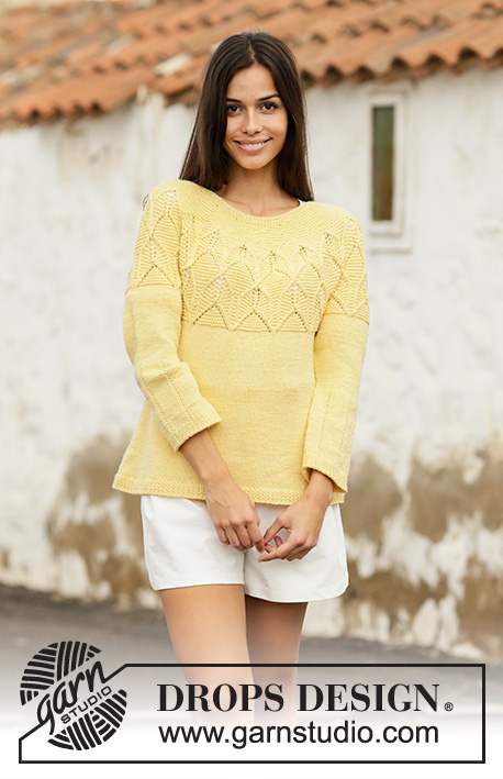 Costa del Sol Jumper / DROPS 200-30 - Knitted sweater with round yoke in DROPS Merino Extra Fine. The piece is worked top down with texture, lace pattern and A-shape. Sizes S - XXXL.