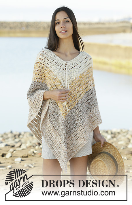 Beach Paradise / DROPS 200-32 - Crochet poncho with stripes in DROPS Alpaca. Piece is crocheted top down with 2 strands Alpaca. Size: S - XXXL