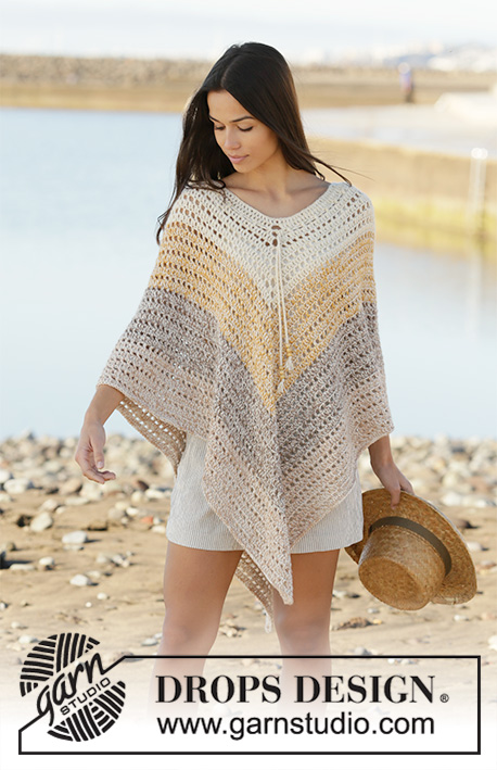 Beach Paradise / DROPS 200-32 - Crochet poncho with stripes in DROPS Alpaca. Piece is crocheted top down with 2 strands Alpaca. Size: S - XXXL