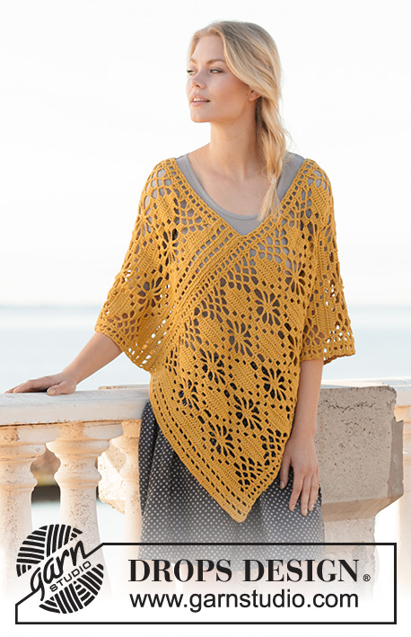 Butterfly Migration / DROPS 200-33 - Crocheted poncho in DROPS Cotton Light. The piece is worked with lace pattern. Sizes S - XXXL.