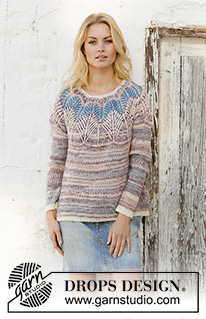 Egyptian Feathers / DROPS 201-30 - Knitted sweater with round yoke in DROPS Fabel. The piece is worked top down with 2-colored English rib and zigzag stripes. Sizes S - XXXL.