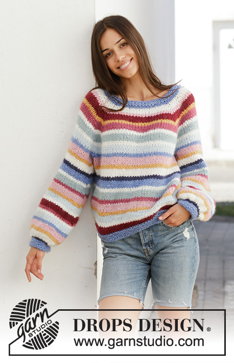 Happy Stripes / DROPS 202-1 - Knitted sweater with balloon sleeves in 2 strands DROPS Air. The piece is worked top down with raglan and stripes. Sizes S - XXXL.