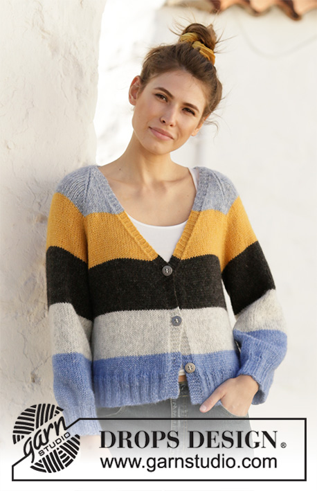 Valencia Cardigan / DROPS 202-10 - Knitted jacket with stripes, V-neck and raglan. Piece is worked in DROPS Air, top down. Size: S - XXXL