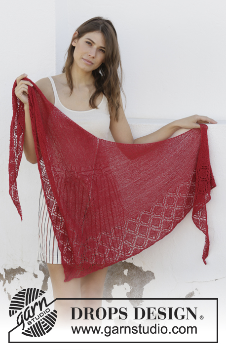 Glowing Embers / DROPS 202-20 - Knitted shawl in DROPS Lace or DROPS Alpaca. The piece is worked top down with garter stitch and lace pattern.