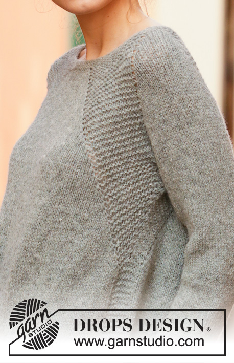 Stone Fields / DROPS 202-8 - Raglánový pulovr pletený shora dolů vroubkovým vzorem a lícovým žerzejem z příze DROPS Sky. Velikost: S - XXXL