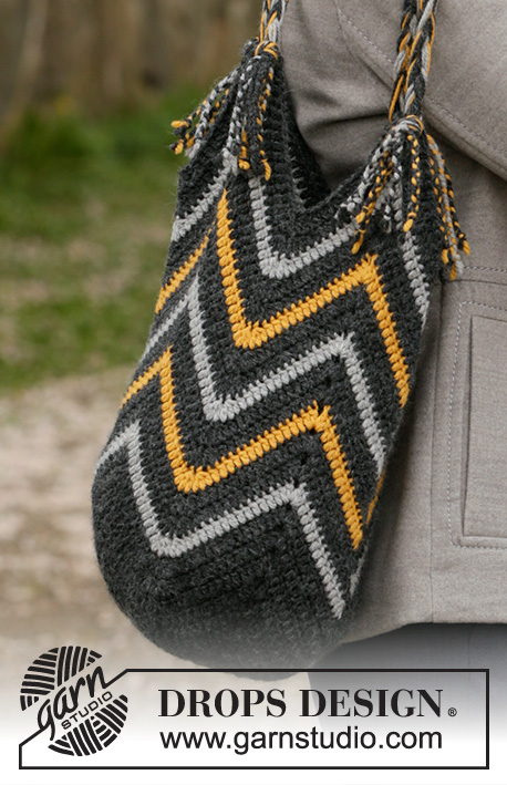 Bee the Best Bag / DROPS 203-11 - Crocheted bag with stripes in DROPS Nepal. Piece is crocheted bottom up with treble crochets in zig-zag pattern.