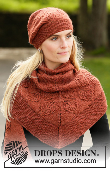 Lacey Laurels / DROPS 203-14 - Knitted hat and shawl in DROPS Alpaca. The piece is worked with rib and leaf pattern in Fisherman’s rib.