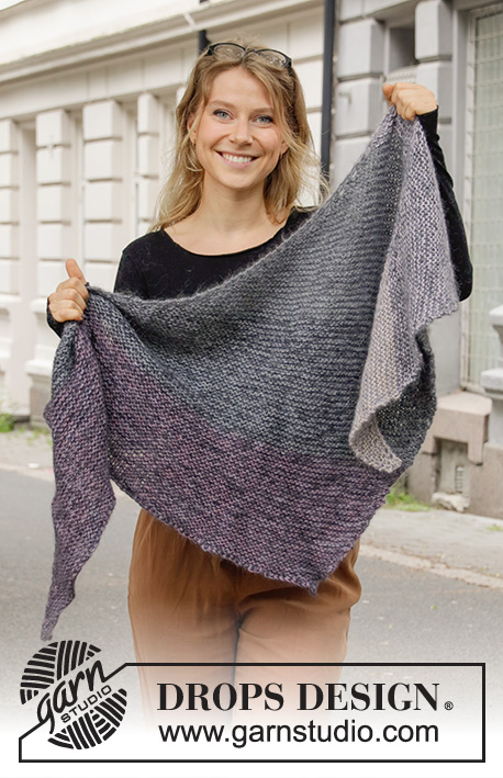 Purple Persuasion / DROPS 203-22 - Knitted shawl in DROPS Kid-Silk and DROPS Alpaca. The piece is worked diagonally with garter stitch and speckled stripes.