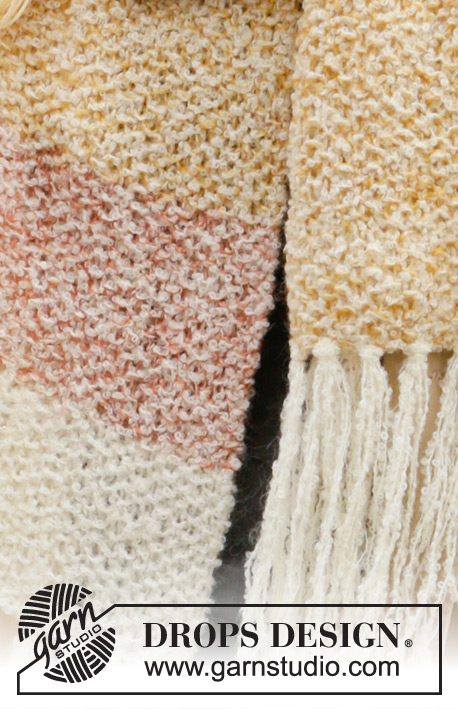 Long Run / DROPS 204-1 - Cachecol tricotado em ponto de arroz com riscas e franjas, em DROPS Alpaca Bouclé e DROPS Kid-Silk.