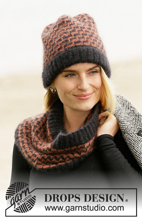 City Chic Set / DROPS 204-11 - Knitted hat and neck warmer with pepita pattern in DROPS Kid-Silk. The piece is worked with garter stitch and square pattern with raised stitches.