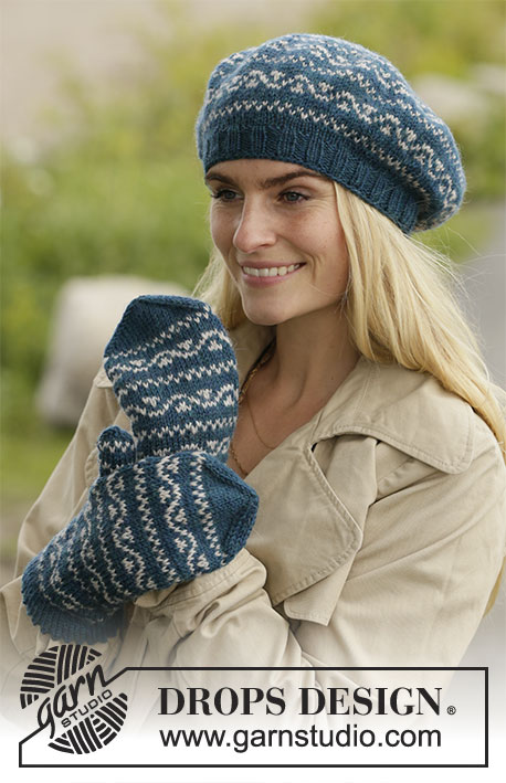Sideway Vines / DROPS 204-15 - Knitted beret and mittens with Nordic pattern in DROPS Karisma.
