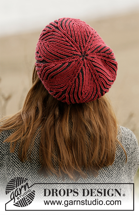 The Weekend Hat / DROPS 204-18 - Knitted beret in English rib with leaf pattern in 2 colors. Piece is knitted in DROPS Merino Extra Fine.
