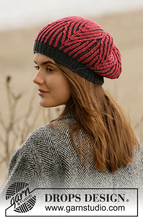 The Weekend Hat / DROPS 204-18 - Knitted beret in English rib with leaf pattern in 2 colors. Piece is knitted in DROPS Merino Extra Fine.