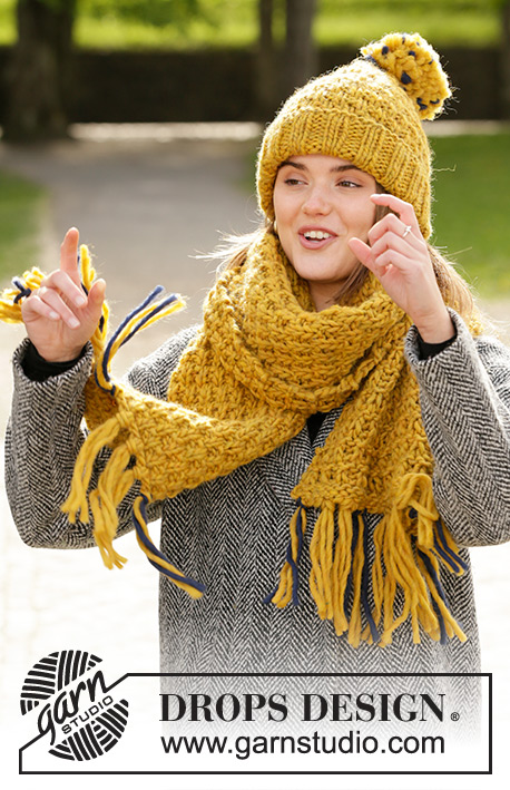 Hello Autumn / DROPS 204-2 - Knitted hat with texture and pom-pom, and scarf with fringes in DROPS Snow.