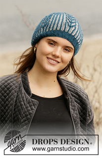 Blue Flake / DROPS 204-27 - Knitted beret in English rib with 2 colours. Piece is knitted in DROPS Merino Extra Fine.