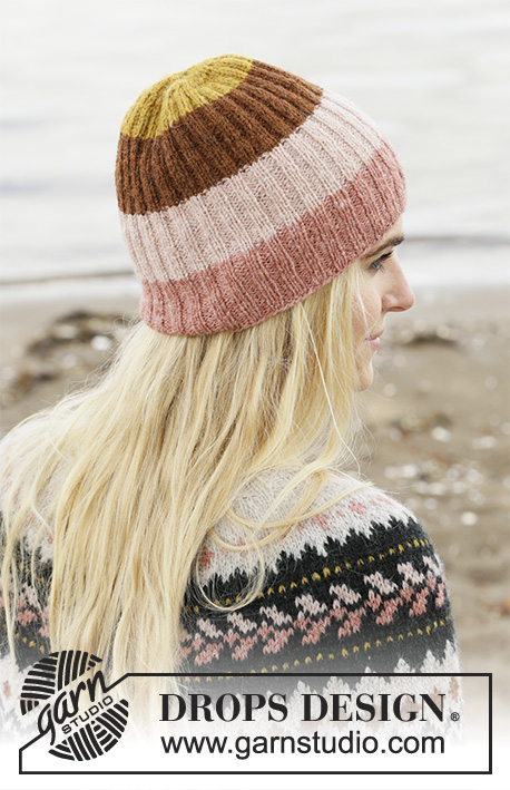 Neapolitan Icecap / DROPS 204-29 - Knitted hat with rib and stripes in DROPS Sky.