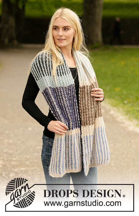 Urban Autumn Scarf / DROPS 204-40 - Knitted scarf in DROPS Air. The piece is worked with 2-colored English rib and 1-colored English rib in stripes.