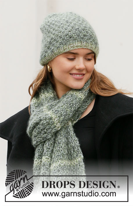 Morning Meadow / DROPS 204-52 - Knitted hat and scarf in 2 strands DROPS Kid-Silk and 1 strand DROPS Sky. Piece is knitted in moss stitch (double vertically), stripes and fringes.