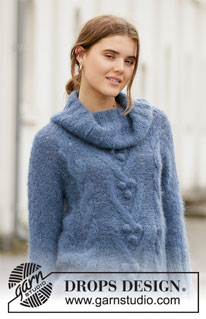 Blue Melody / DROPS 205-13 - Knitted long jumper in DROPS Melody. Piece is knitted top down with raglan, cables and bobbles. Size: S - XXXL